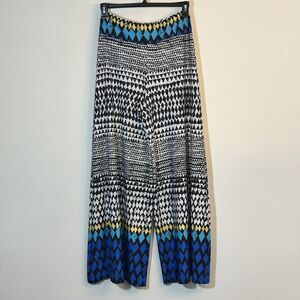 COCO BIANCO Flowy Wide Leg Pants SIZE M Blue Teal Black White Geometric Casual